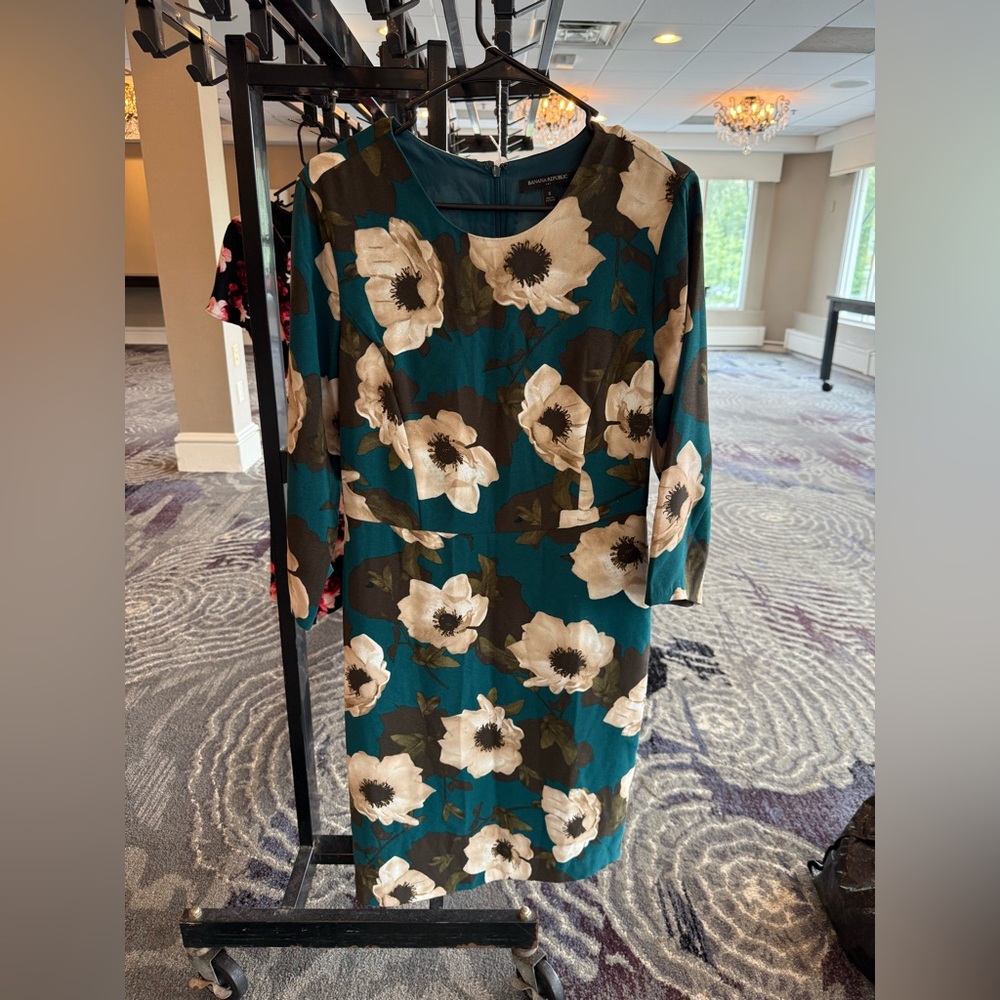 Banana Republic Teal and Brown Floral Long Sleeve Dress